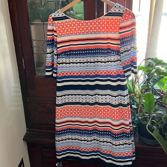 Pink & Blue Mixed Print Midi Shift Dress Size 12 Scoop Neck Back Zip Bohemian - Picture 7 of 16